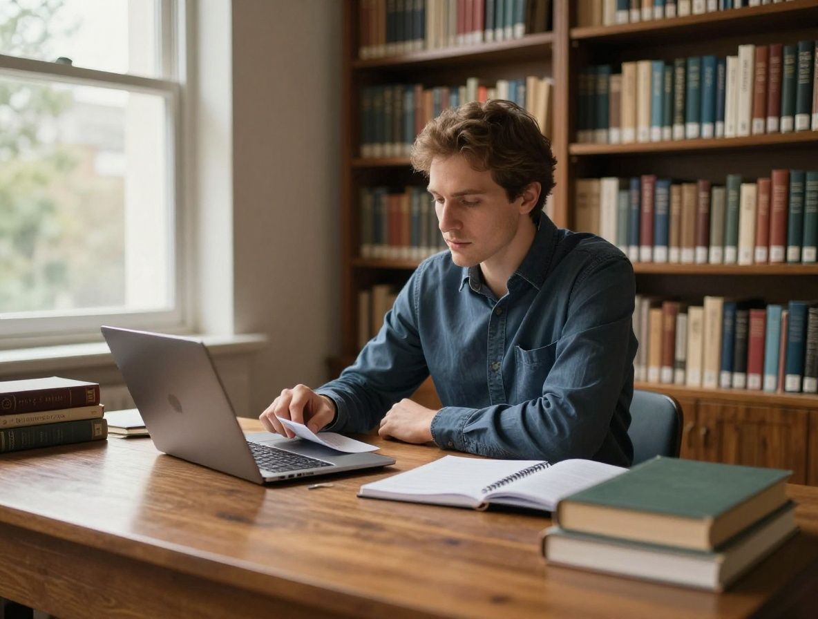 Biblioteca de investigación con estantes de libros científicos y cuadernos de notas sobre nutrición abiertos sobre una mesa de madera, luz natural entrando por ventana lateral, ambiente académico sereno y ordenado