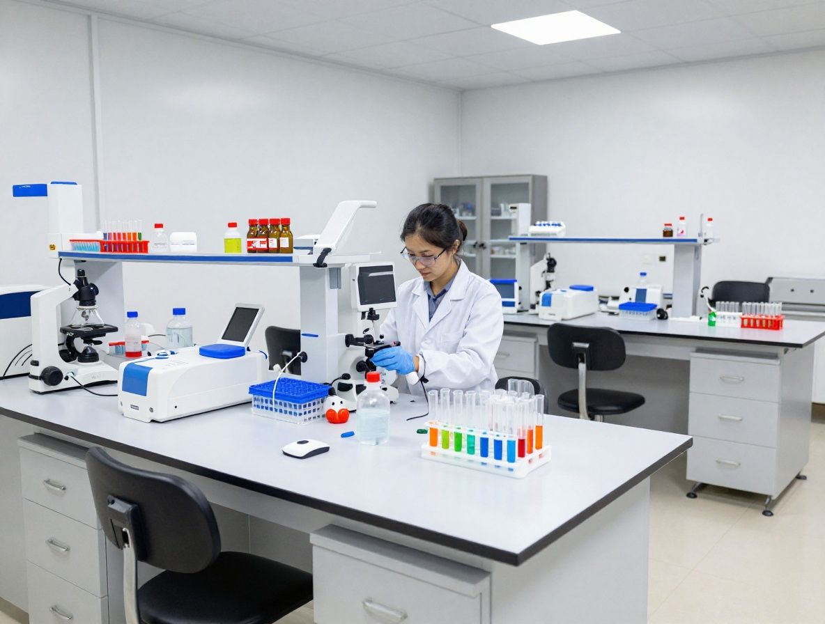 Interior de laboratorio de investigación nutricional moderno con equipos de análisis sobre mesas blancas, tubos de ensayo con soluciones de colores, sin personas, luz artificial uniforme y ambiente científico limpio