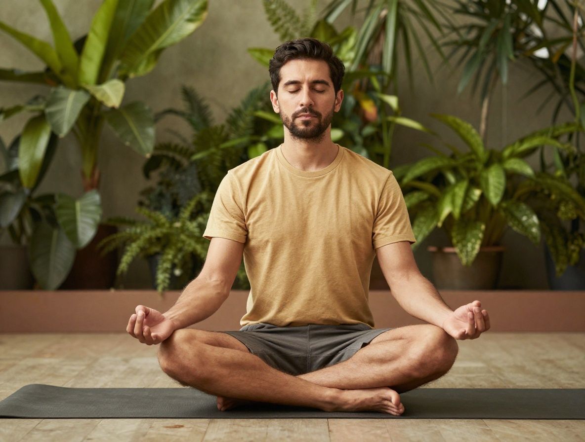 Hombre practicando meditación sentado en posición de loto sobre alfombra de yoga en interior luminoso con plantas, ojos cerrados y postura relajada, tonos cálidos y ambiente sereno