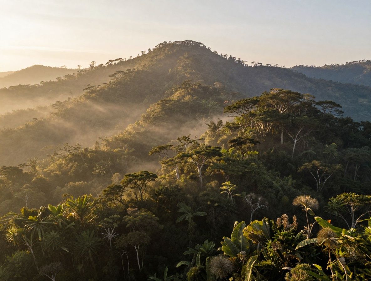 Paisaje natural de bosque andino colombiano con luz dorada al amanecer, árboles altos con vegetación densa y niebla suave entre las ramas, sensación de tranquilidad y conexión con la naturaleza
