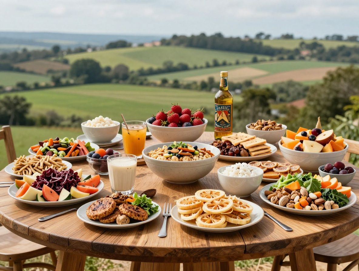 Vista aérea de platos variados con alimentos nutritivos bien organizados sobre una mesa de madera clara — verduras coloridas, legumbres, granos y frutos secos, composición simétrica y armoniosa